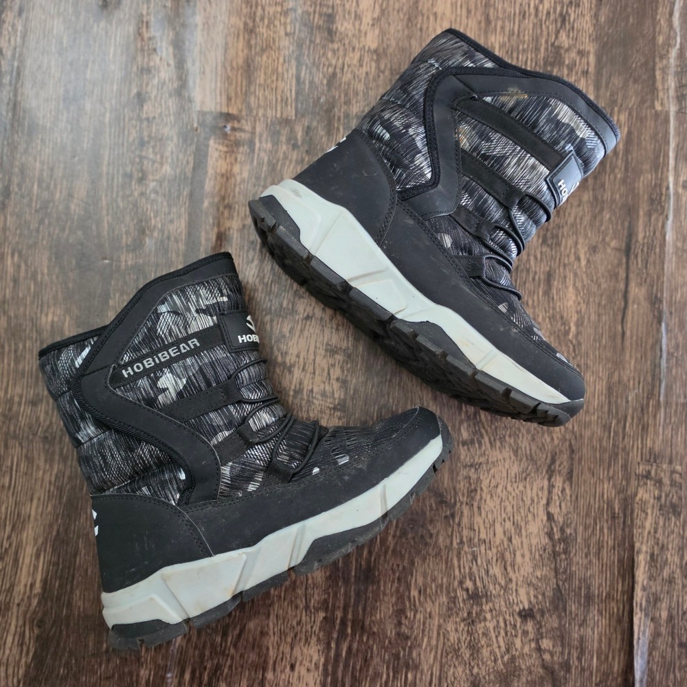 HOBIBEAR Snow Boots Kids Size 5 Black Grey Camo Faux Fur Lined AW3771